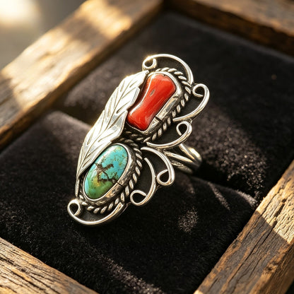 Turquoise & Red Stone Feather Ring