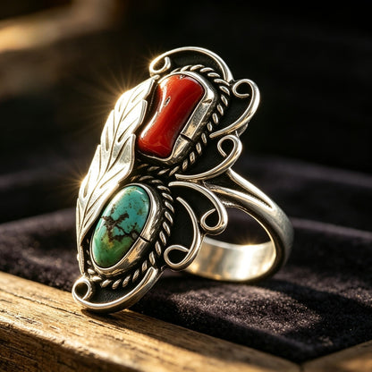Turquoise & Red Stone Feather Ring