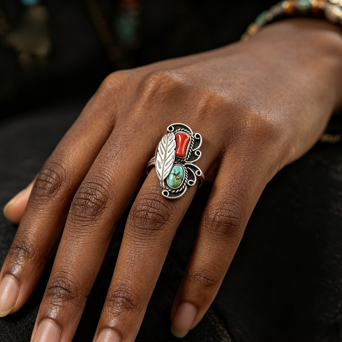 Turquoise & Red Stone Feather Ring