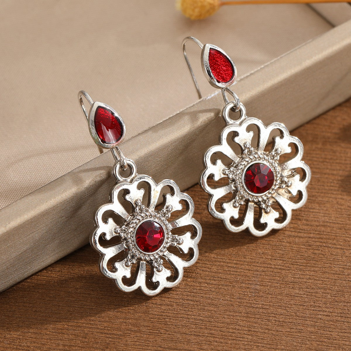 Red Zircon Flower Drop Earrings
