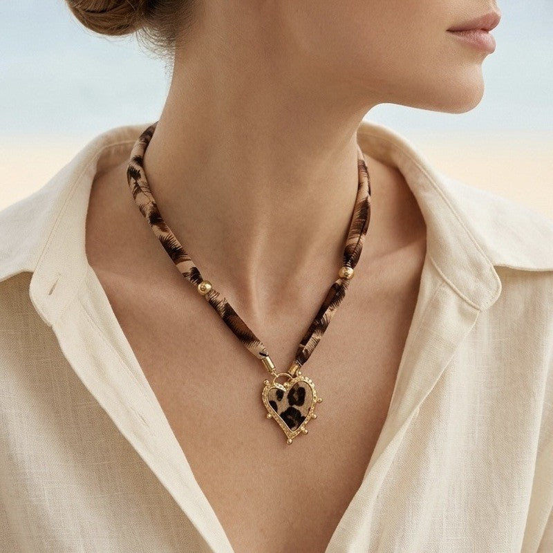 Leopard Print Fabric Heart Necklace