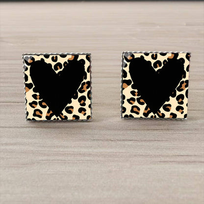 Leopard Print Heart Square Stud Earrings