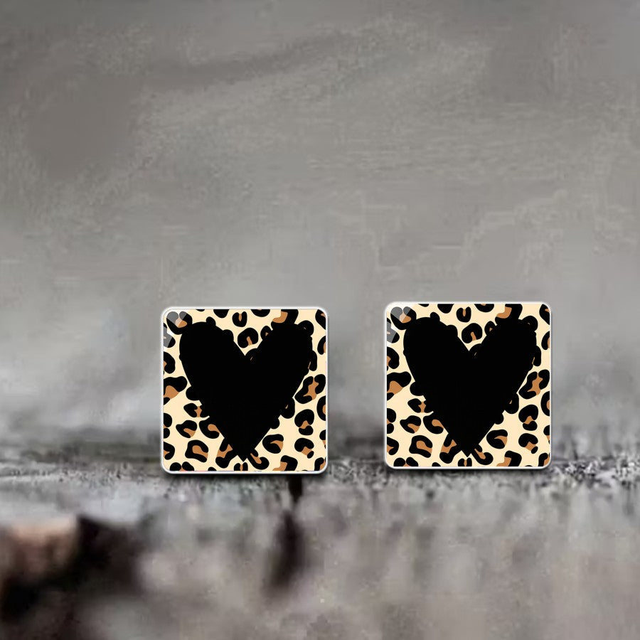 Leopard Print Heart Square Stud Earrings