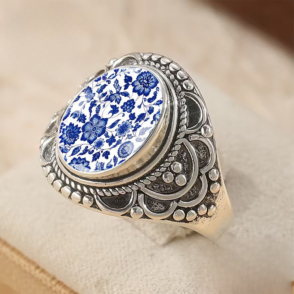 Blue Floral Porcelain Ring