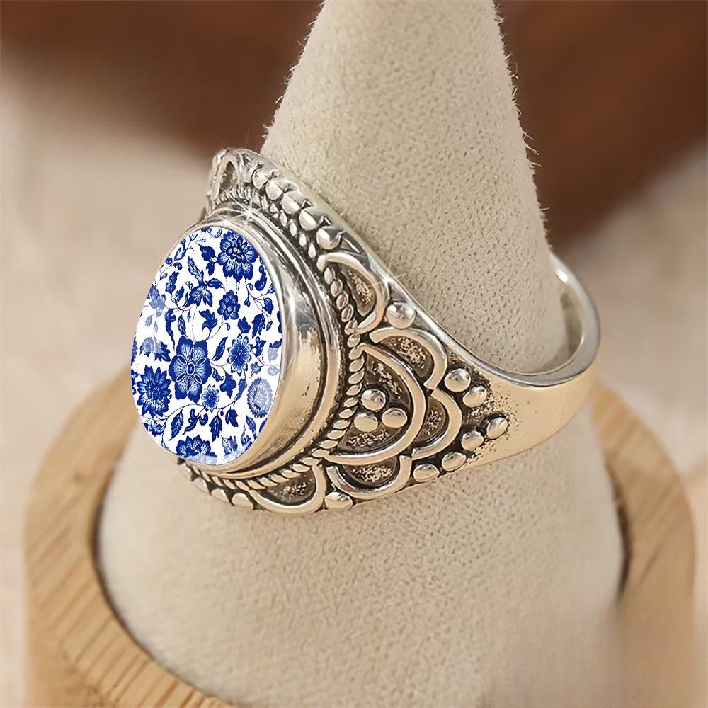 Blue Floral Porcelain Ring