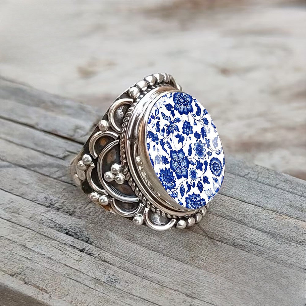 Blue Floral Porcelain Ring