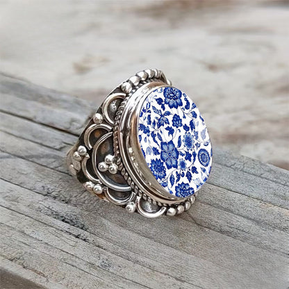 Blue Floral Porcelain Ring