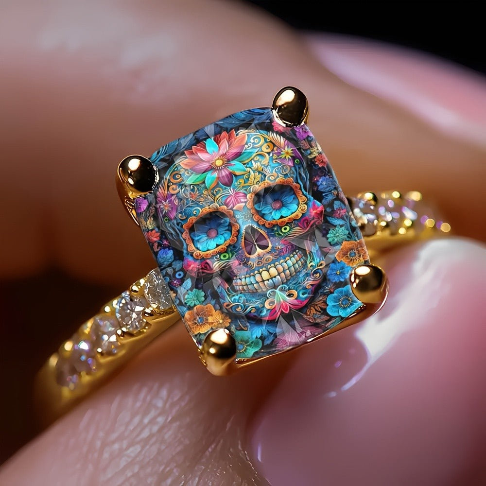 Colorful Floral Skull Square Ring