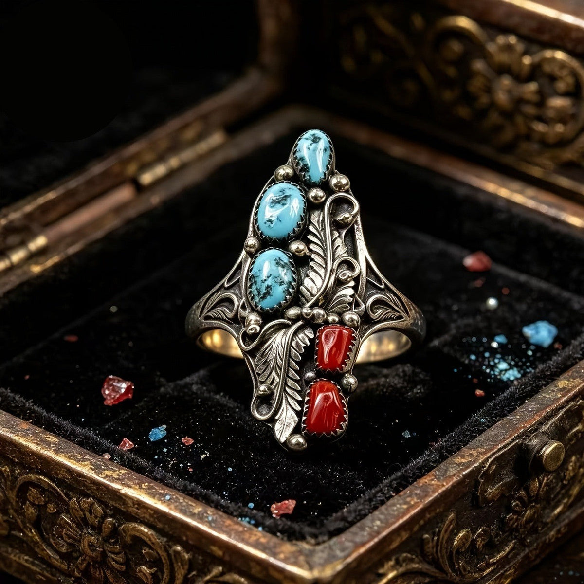 Turquoise & Red Stone Leaf Ring
