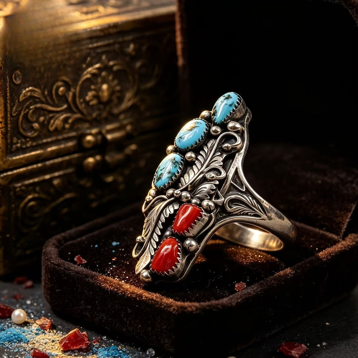 Turquoise & Red Stone Leaf Ring