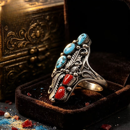 Turquoise & Red Stone Leaf Ring