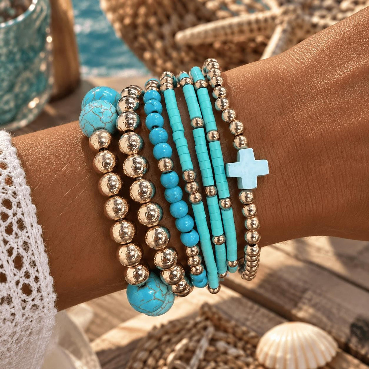 Turquoise & Silver-Tone Cross Bracelet Set