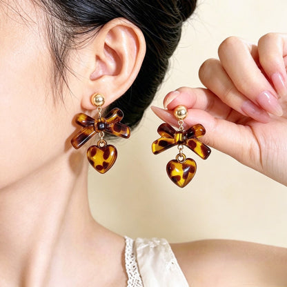 Tortoise Bow & Heart Drop Earrings