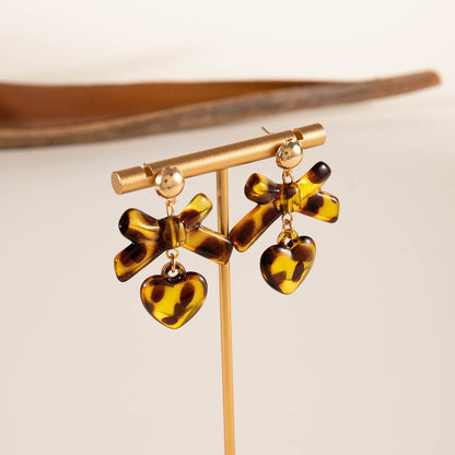 Tortoise Bow & Heart Drop Earrings