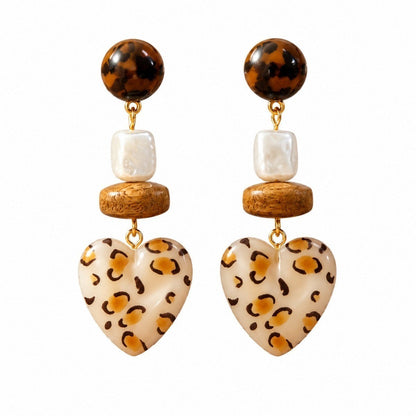 Leopard Beaded Heart Drop Earrings