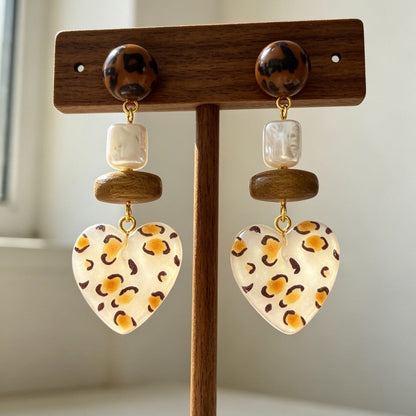 Leopard Beaded Heart Drop Earrings
