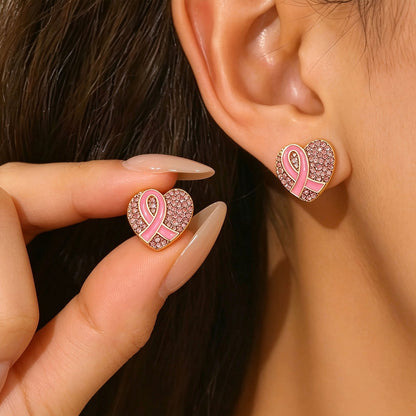 Pink Ribbon Heart Stud Earrings