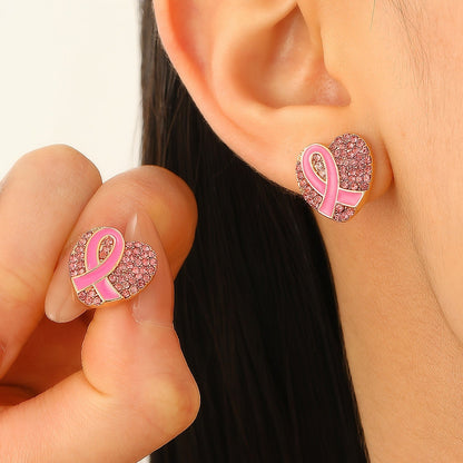 Pink Ribbon Heart Stud Earrings