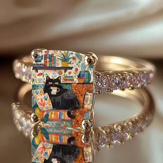 Colorful Black Cat Square Ring