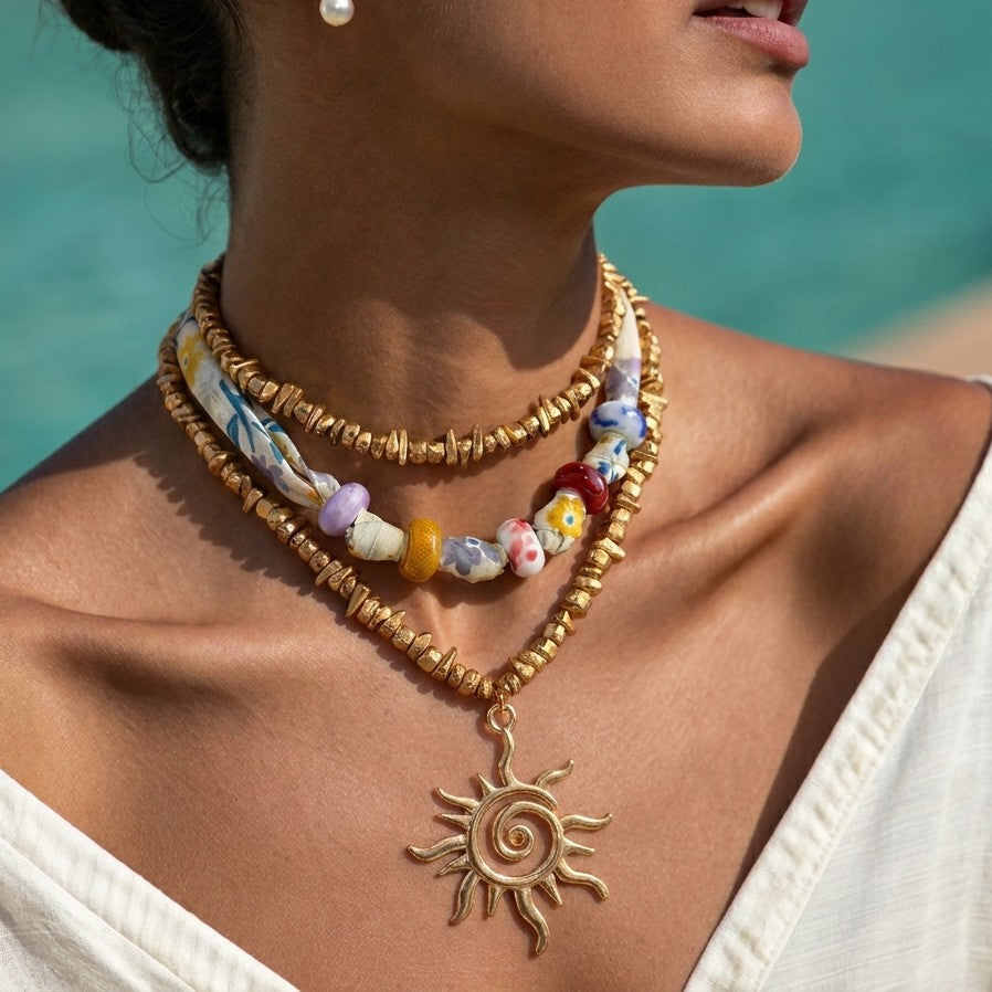 Colorful Fabric Beaded Sun Necklace Set