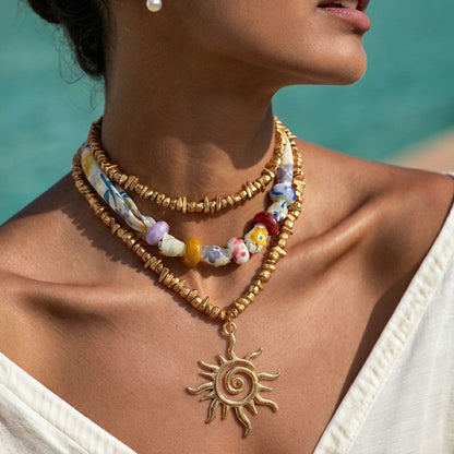 Colorful Fabric Beaded Sun Necklace Set