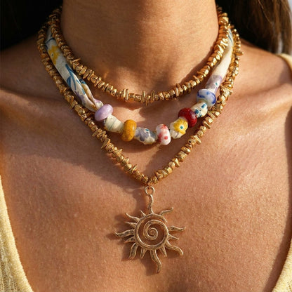 Colorful Fabric Beaded Sun Necklace Set