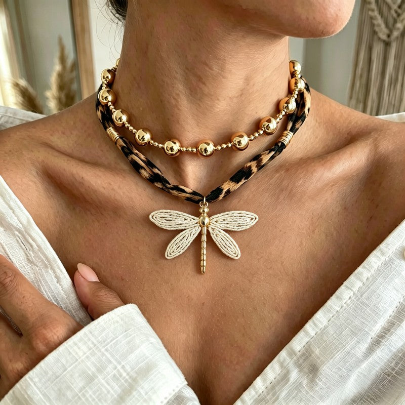 Leopard Dragonfly Layered Necklace