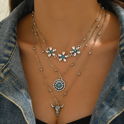 Layered Turquoise Flower & Bull Head Necklace