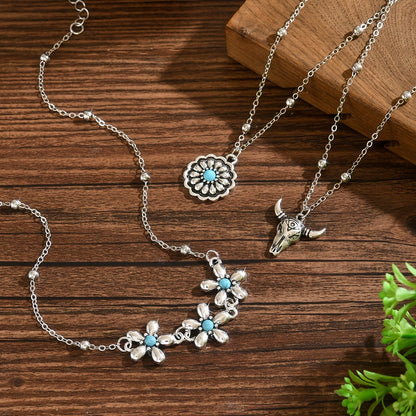 Layered Turquoise Flower & Bull Head Necklace