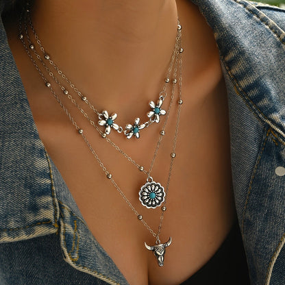 Layered Turquoise Flower & Bull Head Necklace