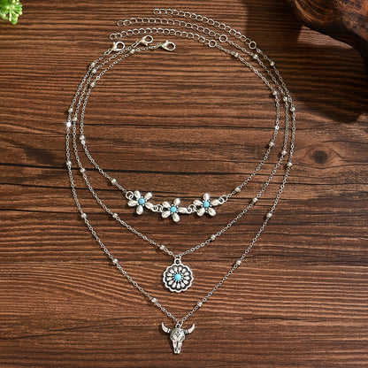 Layered Turquoise Flower & Bull Head Necklace