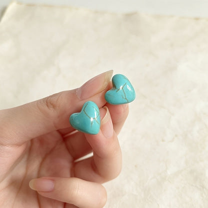 Synthetic Turquoise Heart Stud Earrings