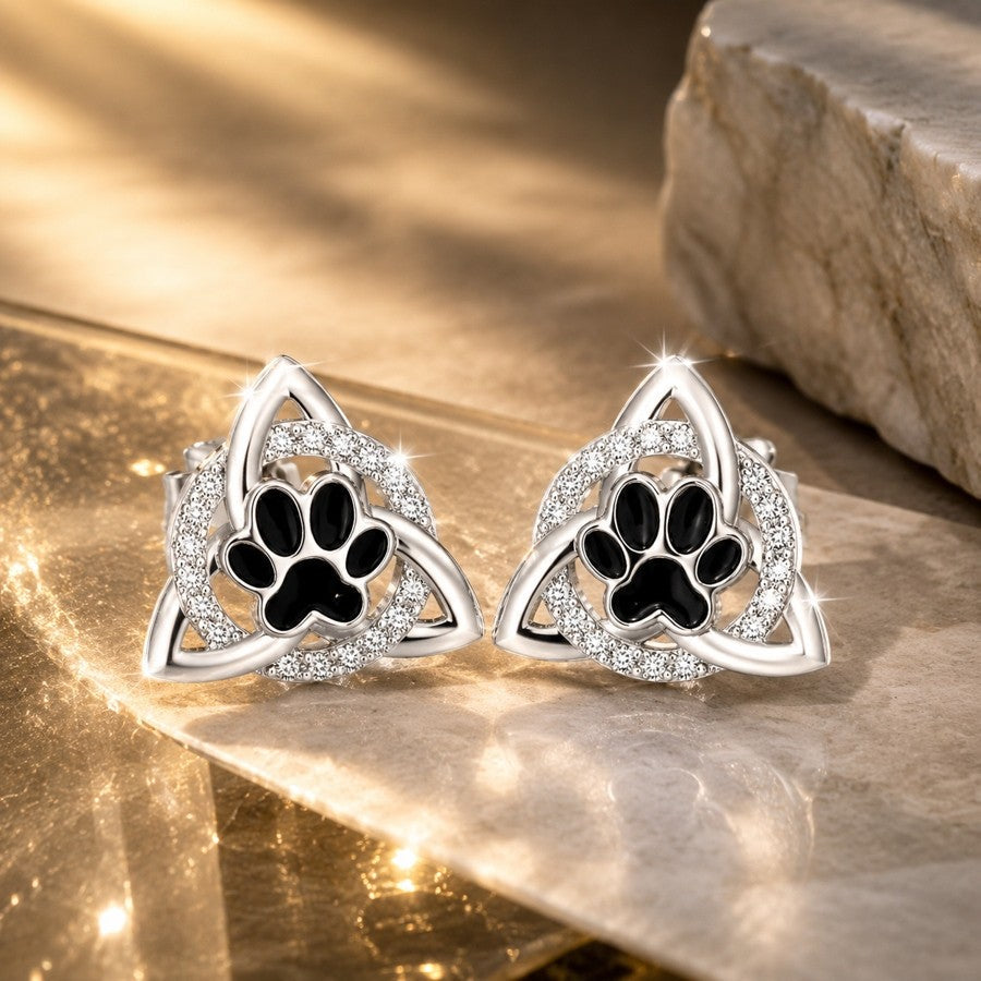 Black Paw Triangle Stud Earrings