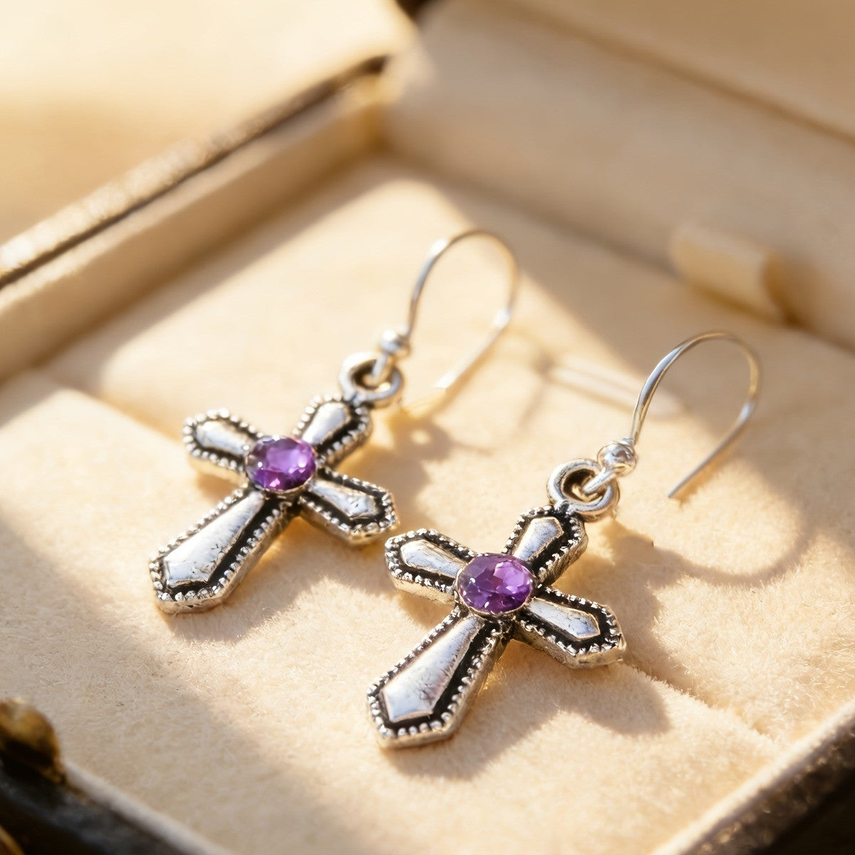 Purple Stone Cross Earrings