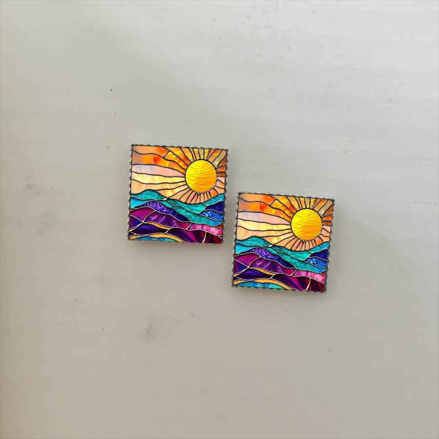 Stained Glass Sun Square Stud Earrings