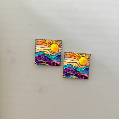 Stained Glass Sun Square Stud Earrings