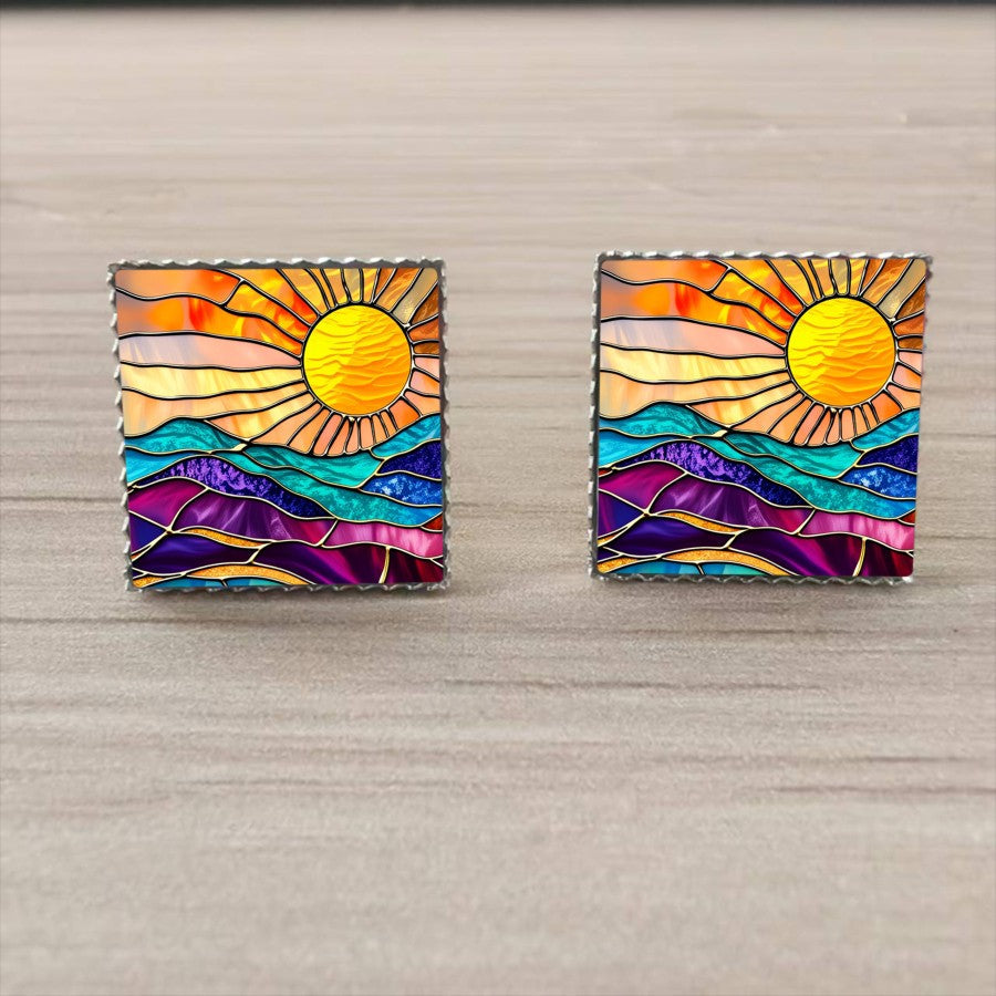 Stained Glass Sun Square Stud Earrings