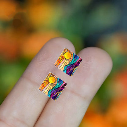 Stained Glass Sun Square Stud Earrings