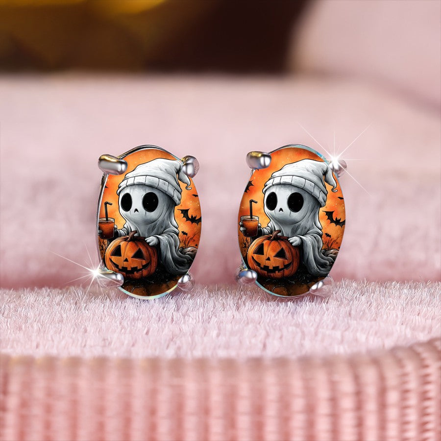Halloween Ghost Pumpkin Oval Stud Earrings