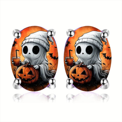Halloween Ghost Pumpkin Oval Stud Earrings