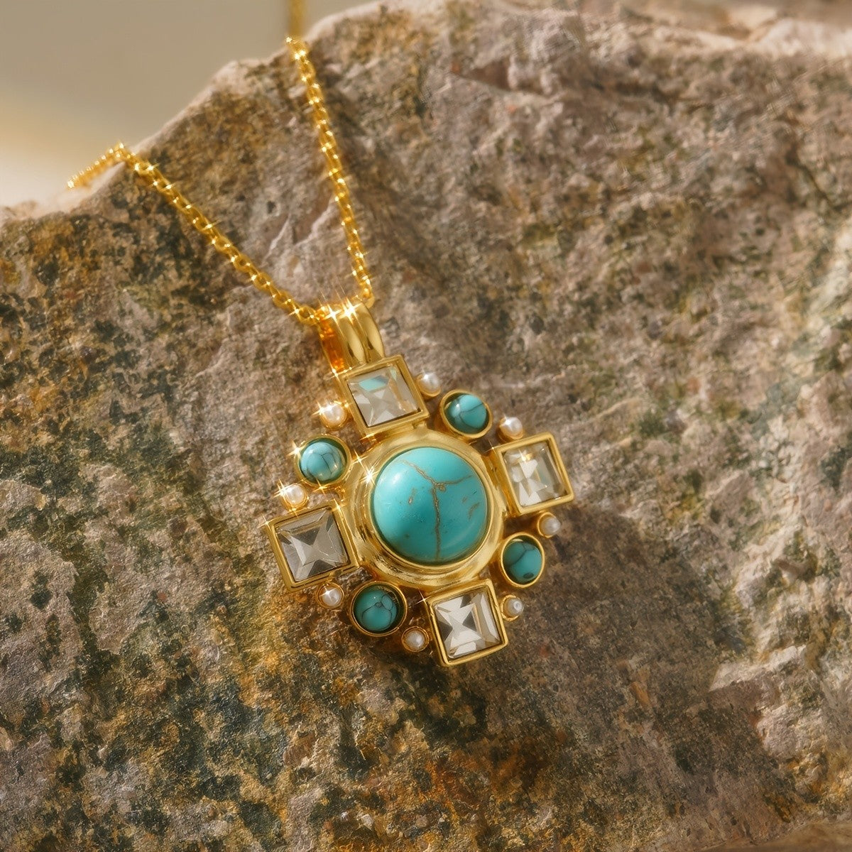 Turquoise Square Cluster Necklace