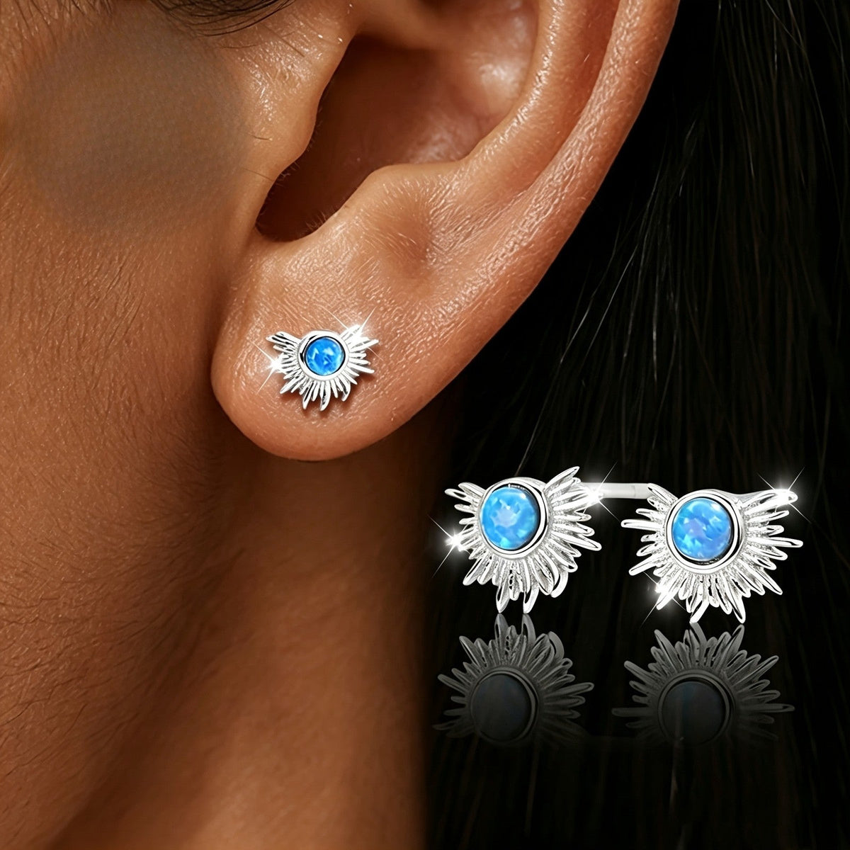 Blue Stone Sunburst Stud Earrings