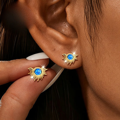 Blue Stone Sunburst Stud Earrings