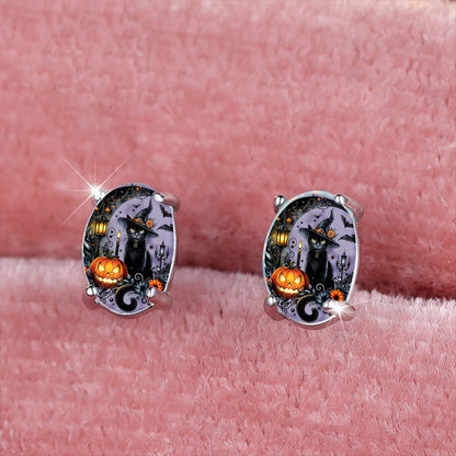 Black Cat Pumpkin Oval Earrings