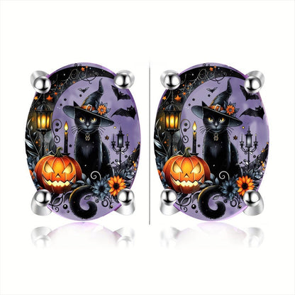 Black Cat Pumpkin Oval Earrings