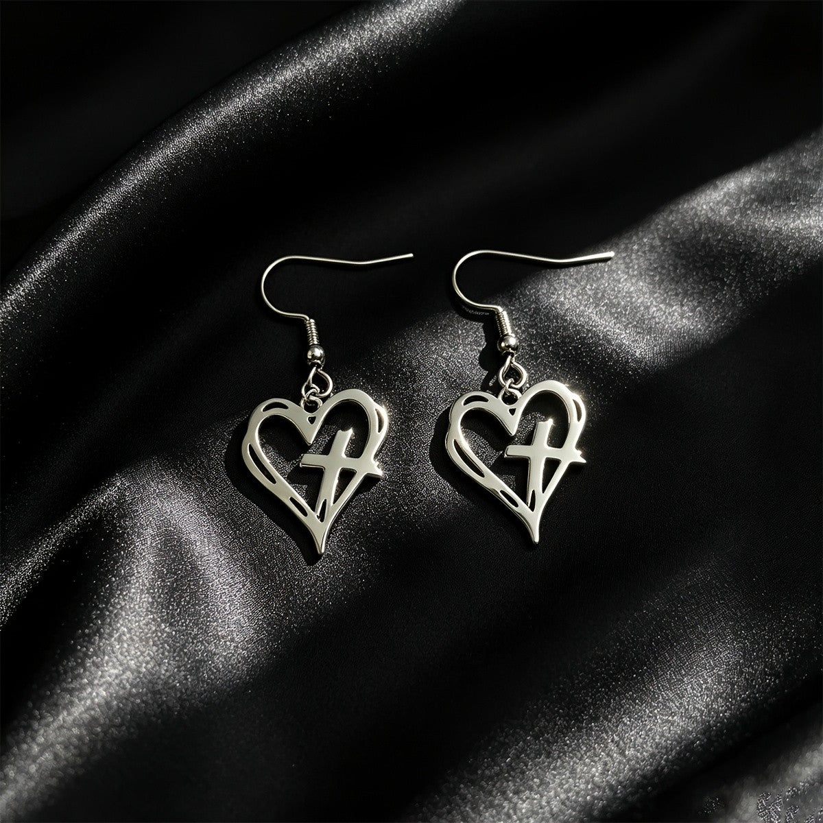 Hollow Heart & Cross Dangle Earrings
