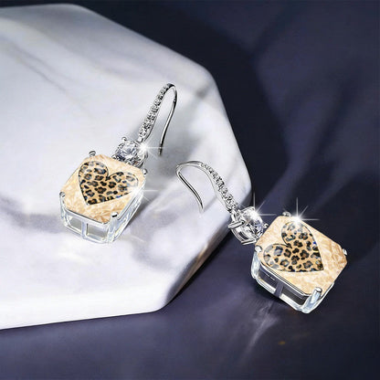 Leopard Heart Crystal Drop Earrings
