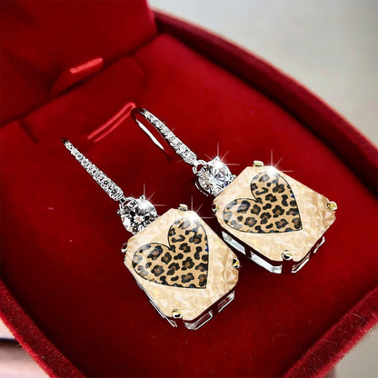 Leopard Heart Crystal Drop Earrings