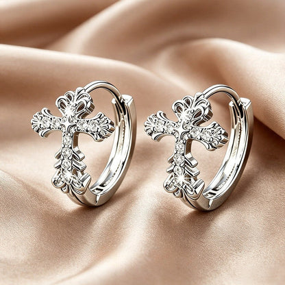 Ornate Moissanite Cross Hoop Earrings