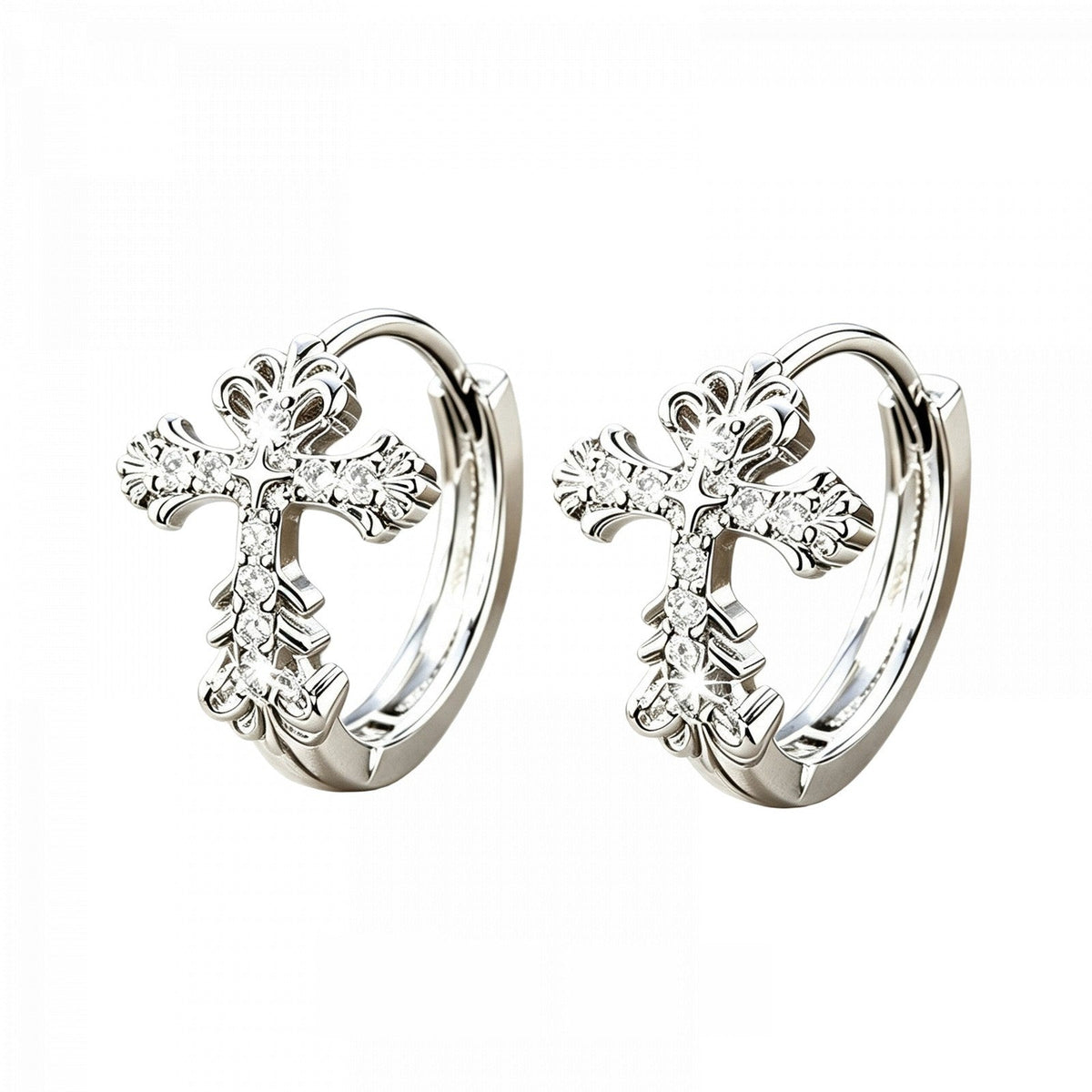 Ornate Moissanite Cross Hoop Earrings
